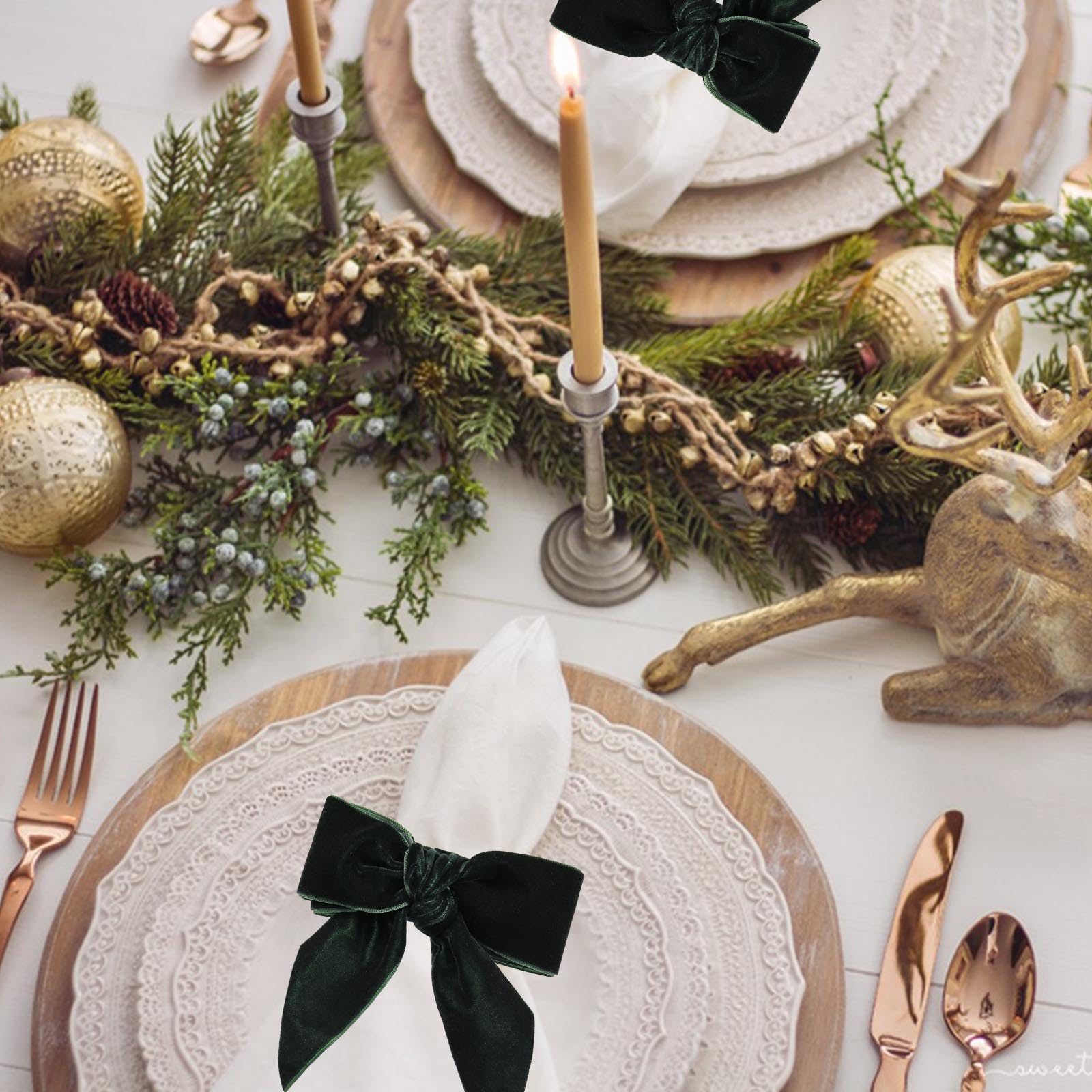 Wonlex green bow napkin ring decorates Christmas table effectively.
