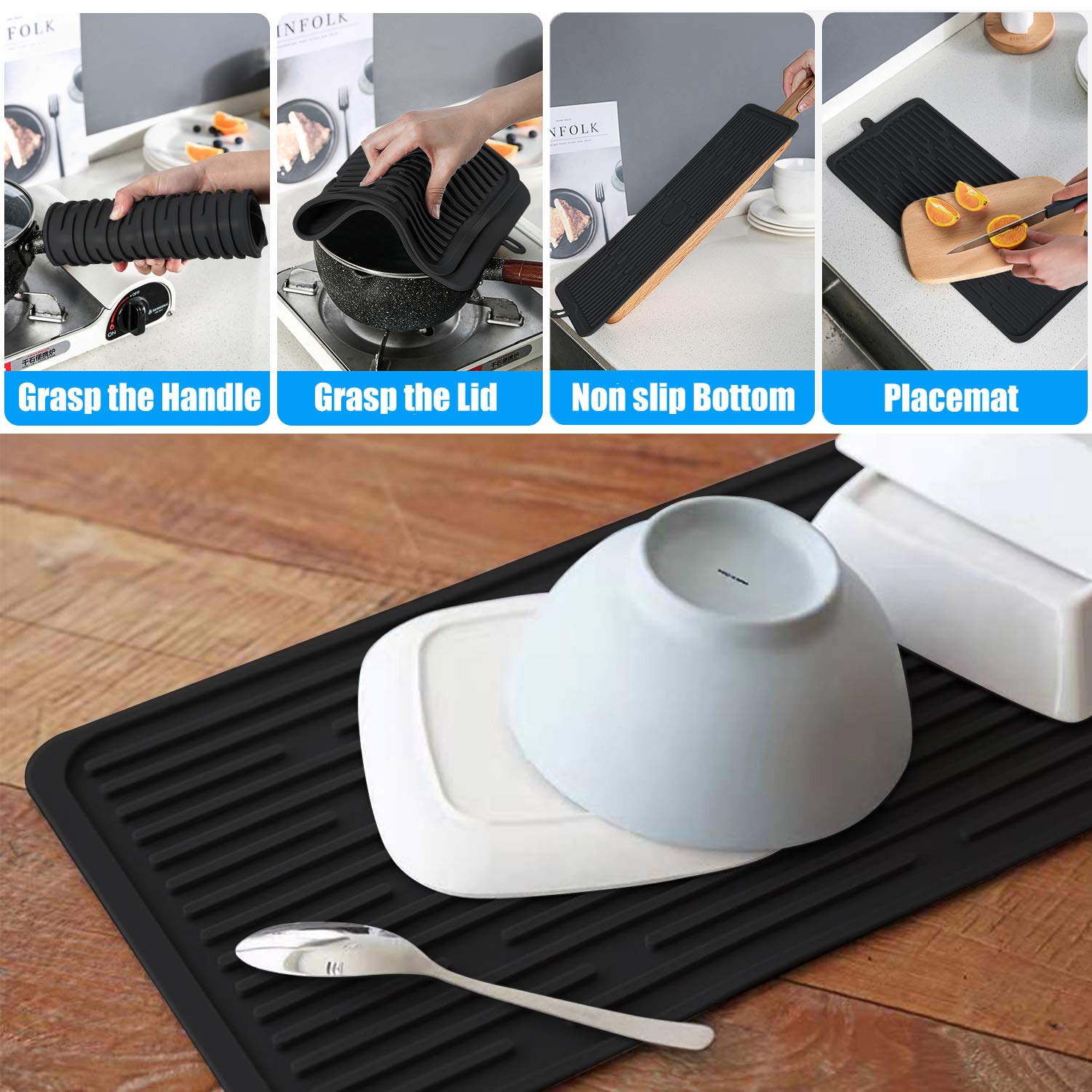Wonlex silicone dish-drying mat with non-slip surface keeps items stable on counters.