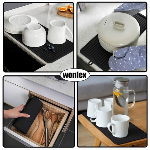 Wonlex silicone dish-drying mat used as heat-resistant trivet for hot pots safely.