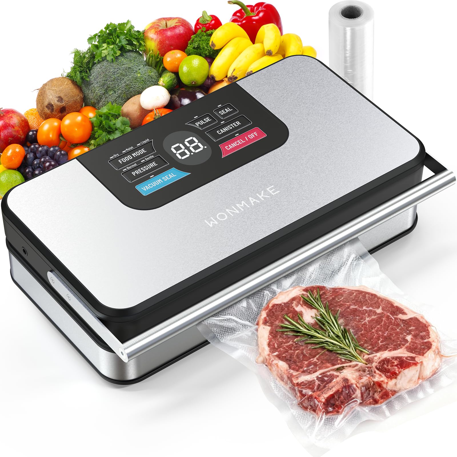 WONMAKE 95kPa vacuum sealer with digital display enables quick sealing at a glance.