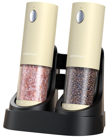 WONMAKE electric salt grinder on USB charging base for easy dual charging