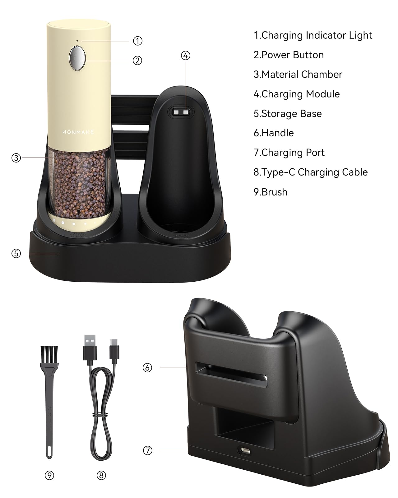 WONMAKE salt pepper set stored on base for tidy, ready-to-use storage