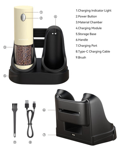 WONMAKE salt pepper set stored on base for tidy, ready-to-use storage