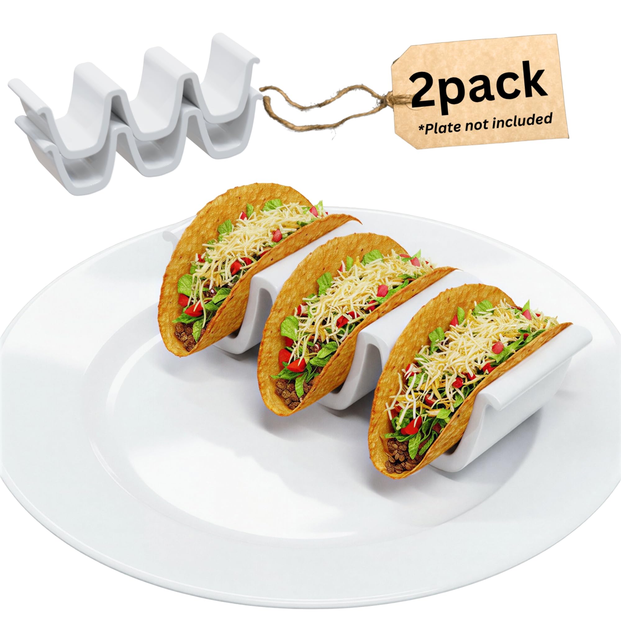 Woobud HolaTasty taco shell holder on plate keeps hard shells upright for tidy plating.