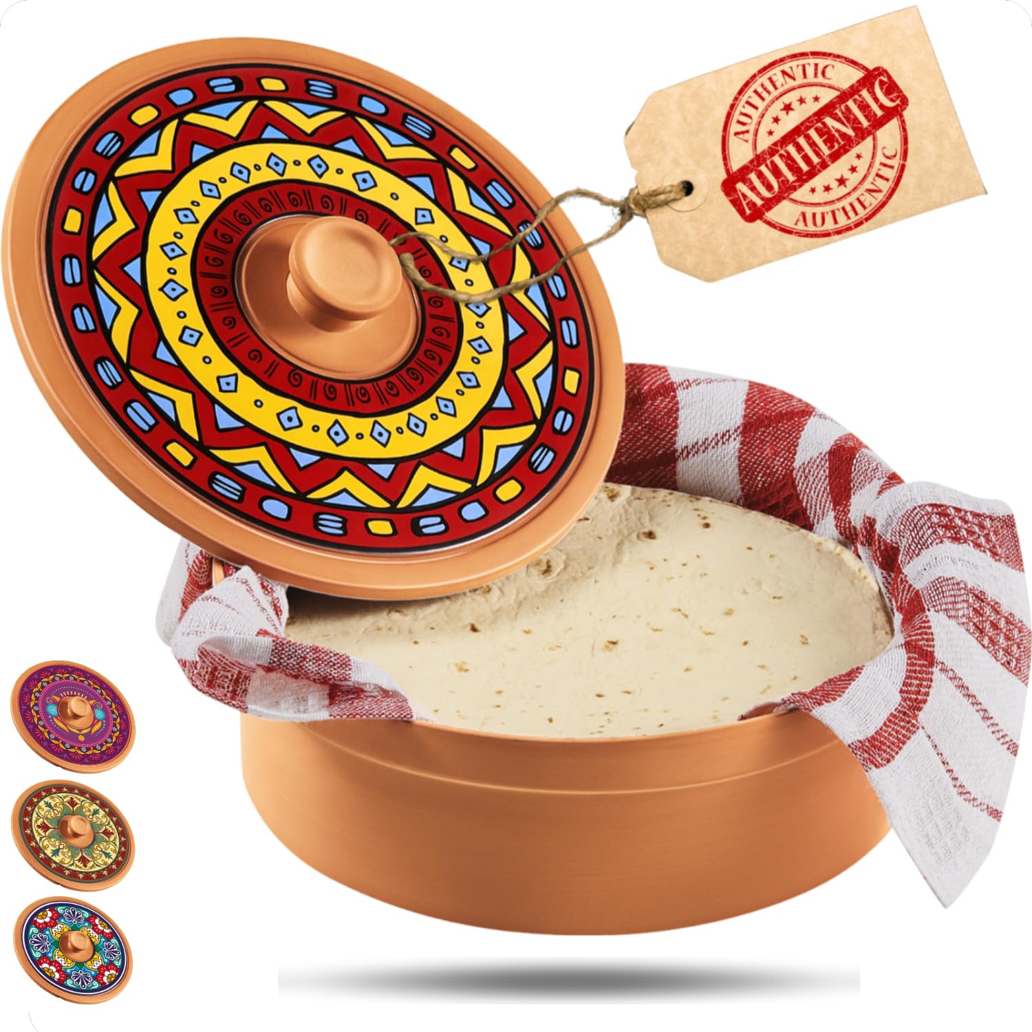 Woobud tortilla warmer overview with rustic terracotta design that keeps tortillas warm.