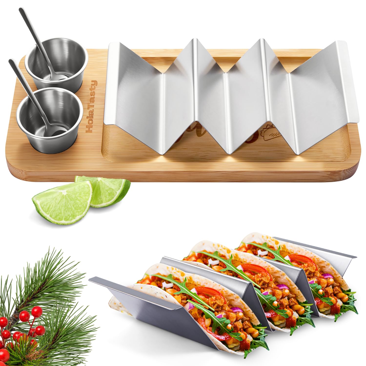 Woobud taco holder kit stand keeps tacos upright for neat serving.