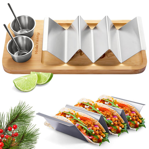 Woobud taco holder kit stand keeps tacos upright for neat serving.