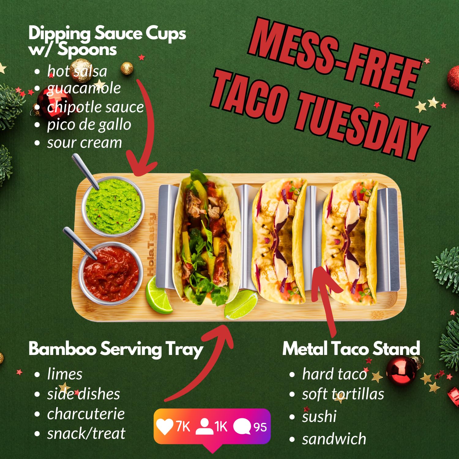 Woobud bamboo taco tray displays tacos for easy bar-style presentation.