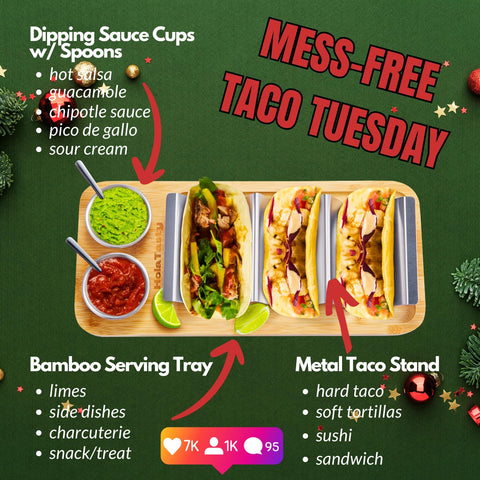 Woobud bamboo taco tray displays tacos for easy bar-style presentation.