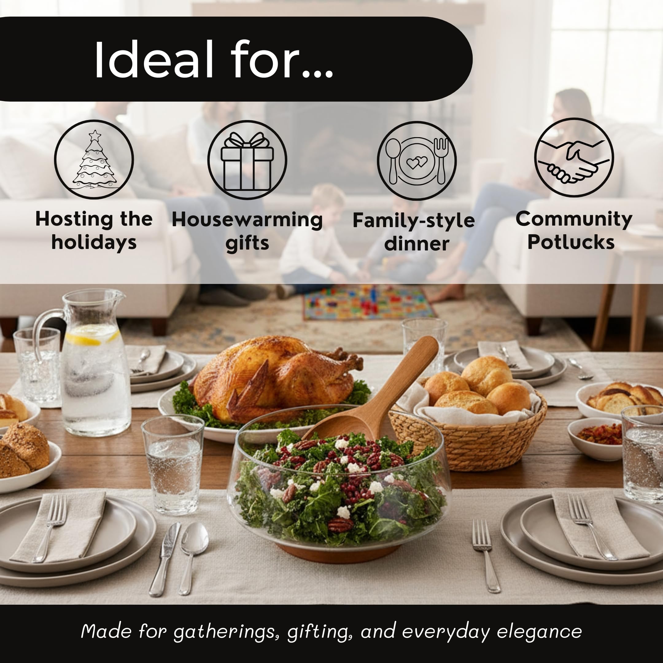 Wood & Whisk acacia wood salad servers placed beside the bowl