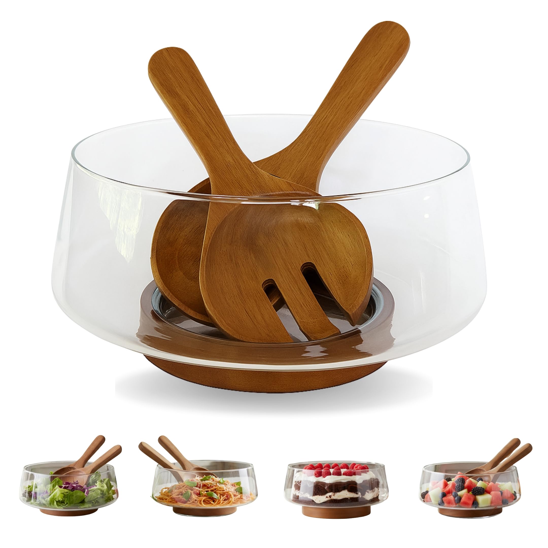 Wood & Whisk large glass salad bowl with base ready for serving a fresh salad