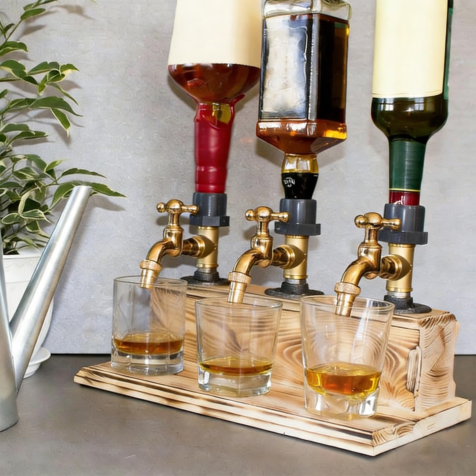 Wood Faucet Shaped Whisky Liquor Dispenser base on rustic table showcasing natural wood grain