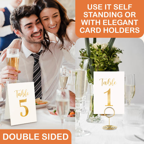Elegant gold tone adds luxury to wedding reception table decor.