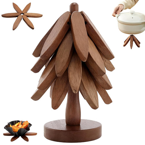 Wooden Trivet Tree set with four trivets and stand protects surfaces from hot dishes