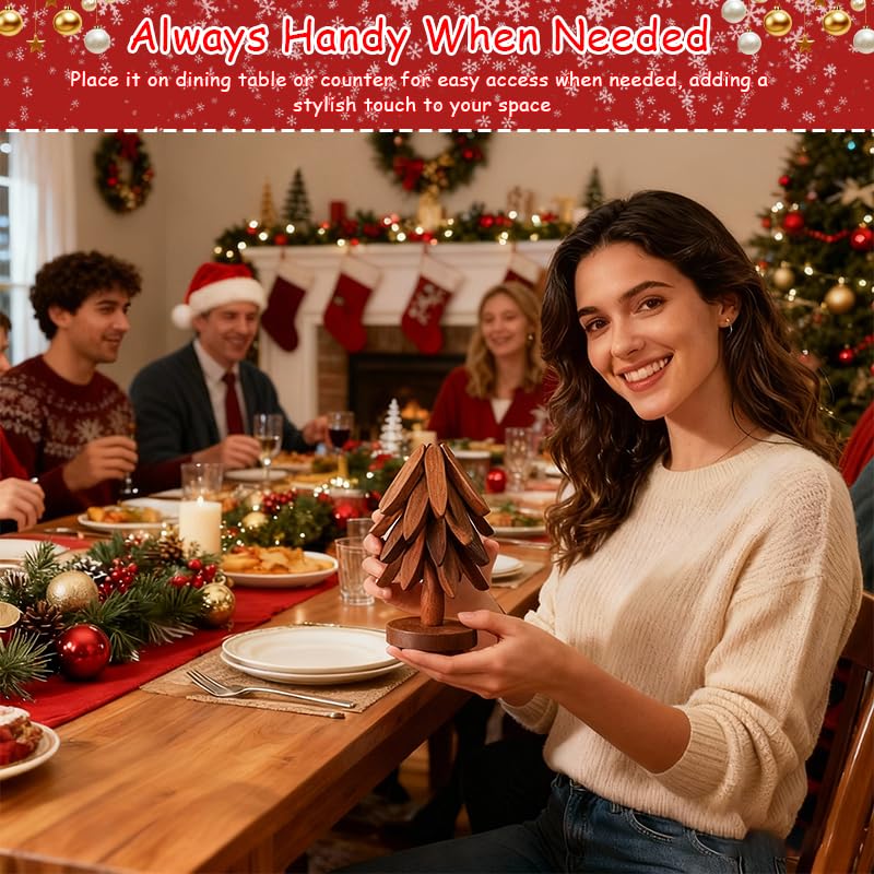 Wooden Trivet Tree unfolding design demonstrates gravity-assisted setup for easy use