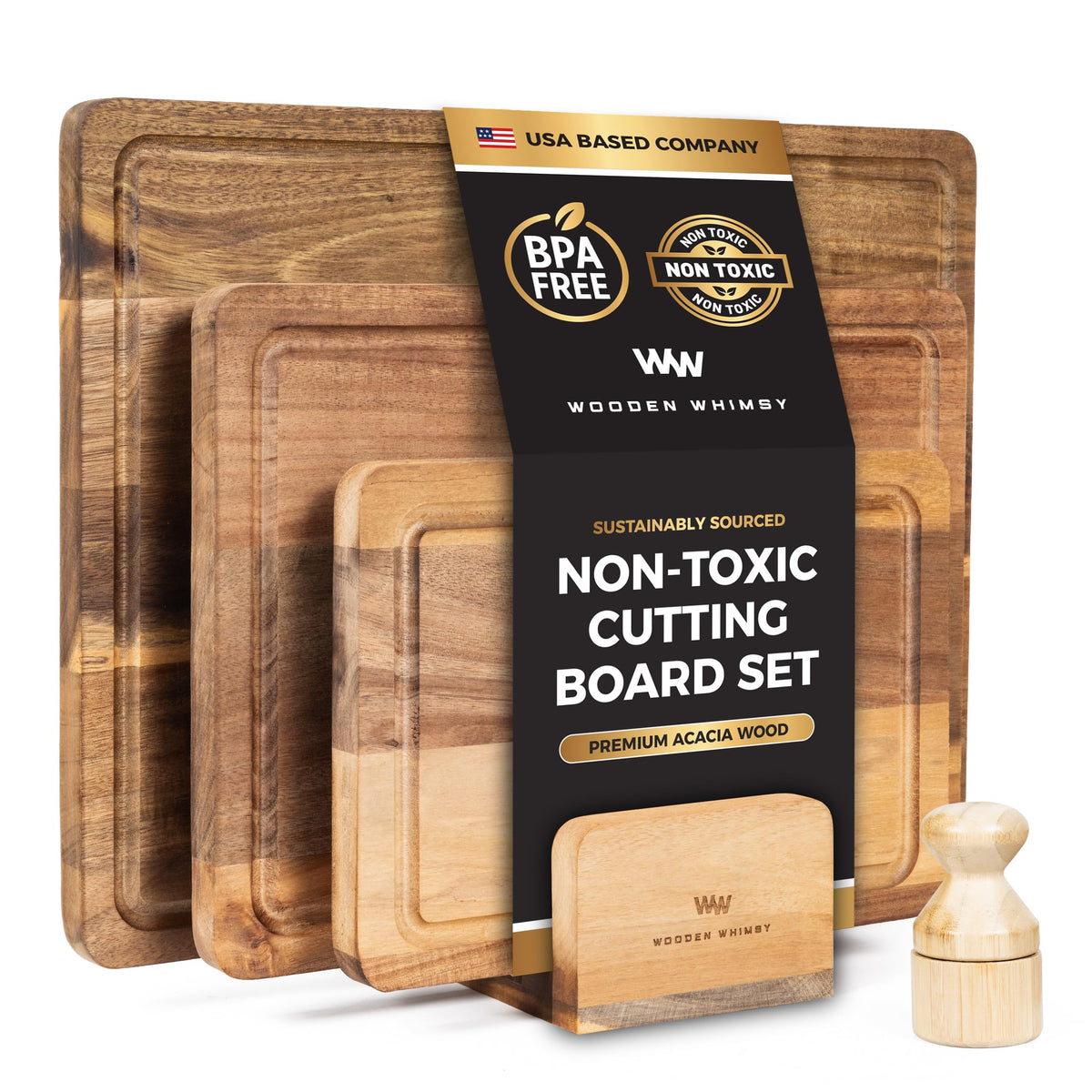 Wooden Whimsy large acacia cutting board on stand for easy prep and display