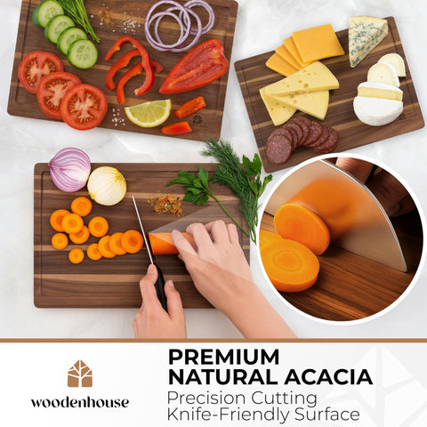 Woodenhouse acacia cutting board 15x11 inches, versatile slicing board.
