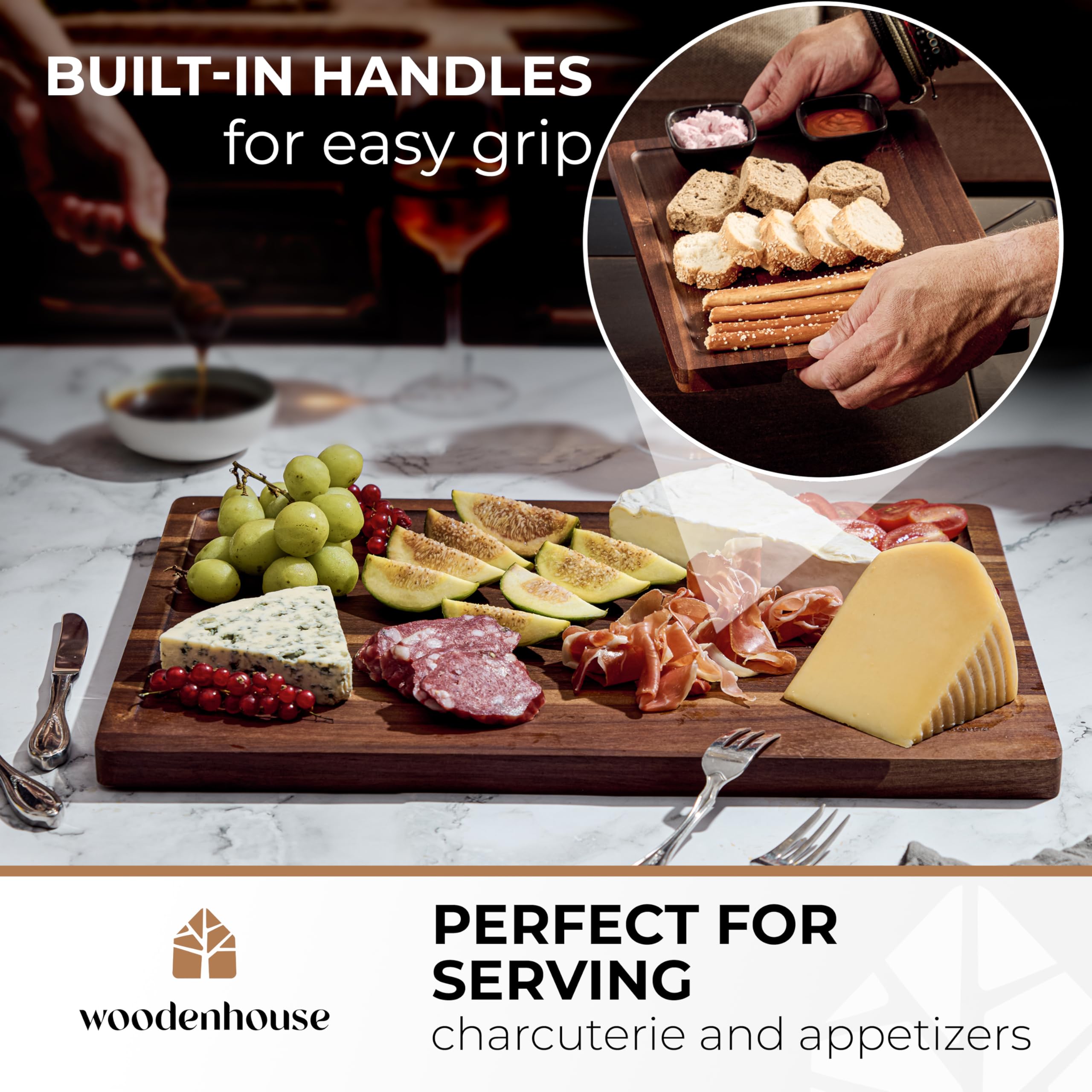 Woodenhouse acacia cutting board with juice grooves to catch drips.