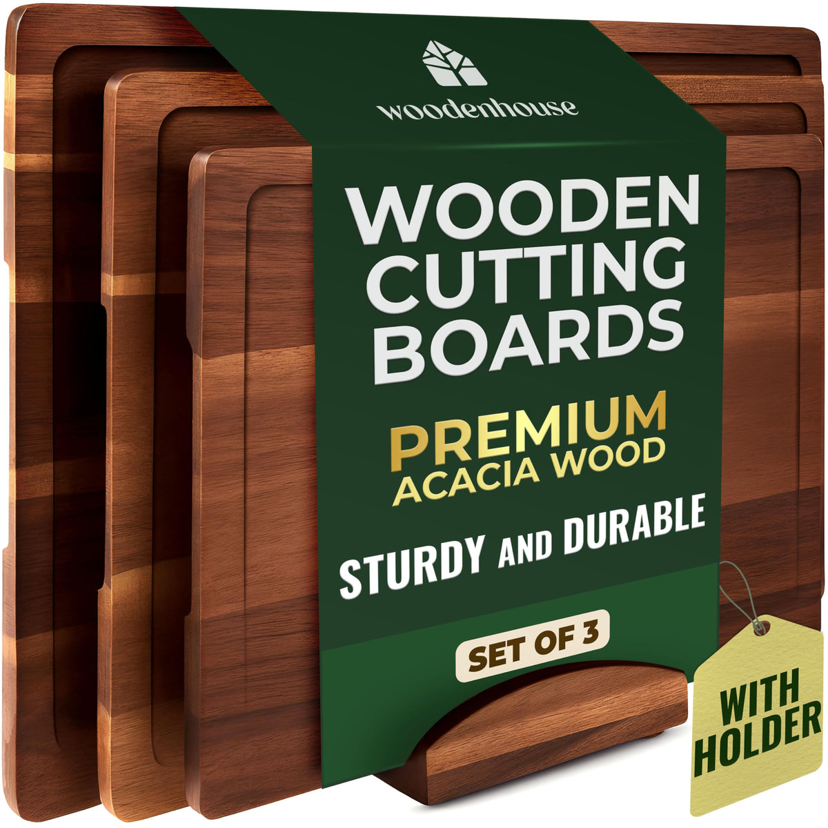 Woodenhouse acacia cutting board set with holder for organized prep space.