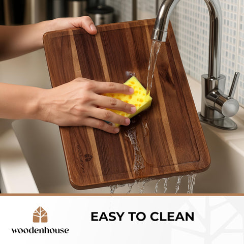 Woodenhouse acacia cutting board with smooth surface for knife-friendly cuts.