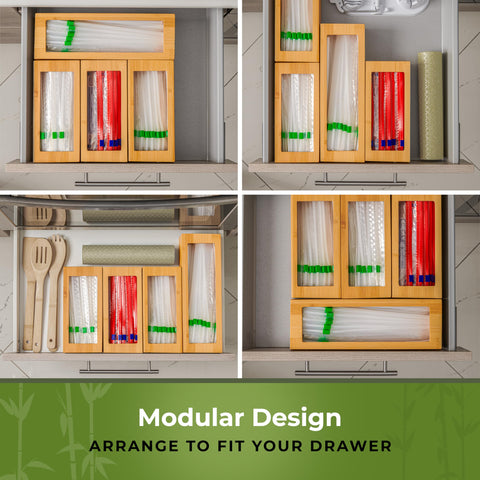Woodenhouse bamboo baggie organizer in a compact kitchen design