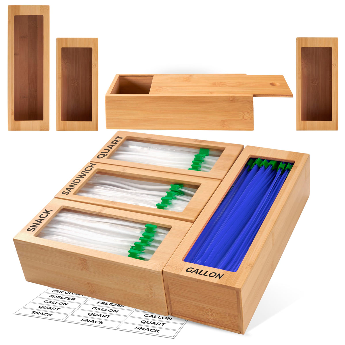 Woodenhouse bamboo baggie organizer in a four-block drawer setup improves organization