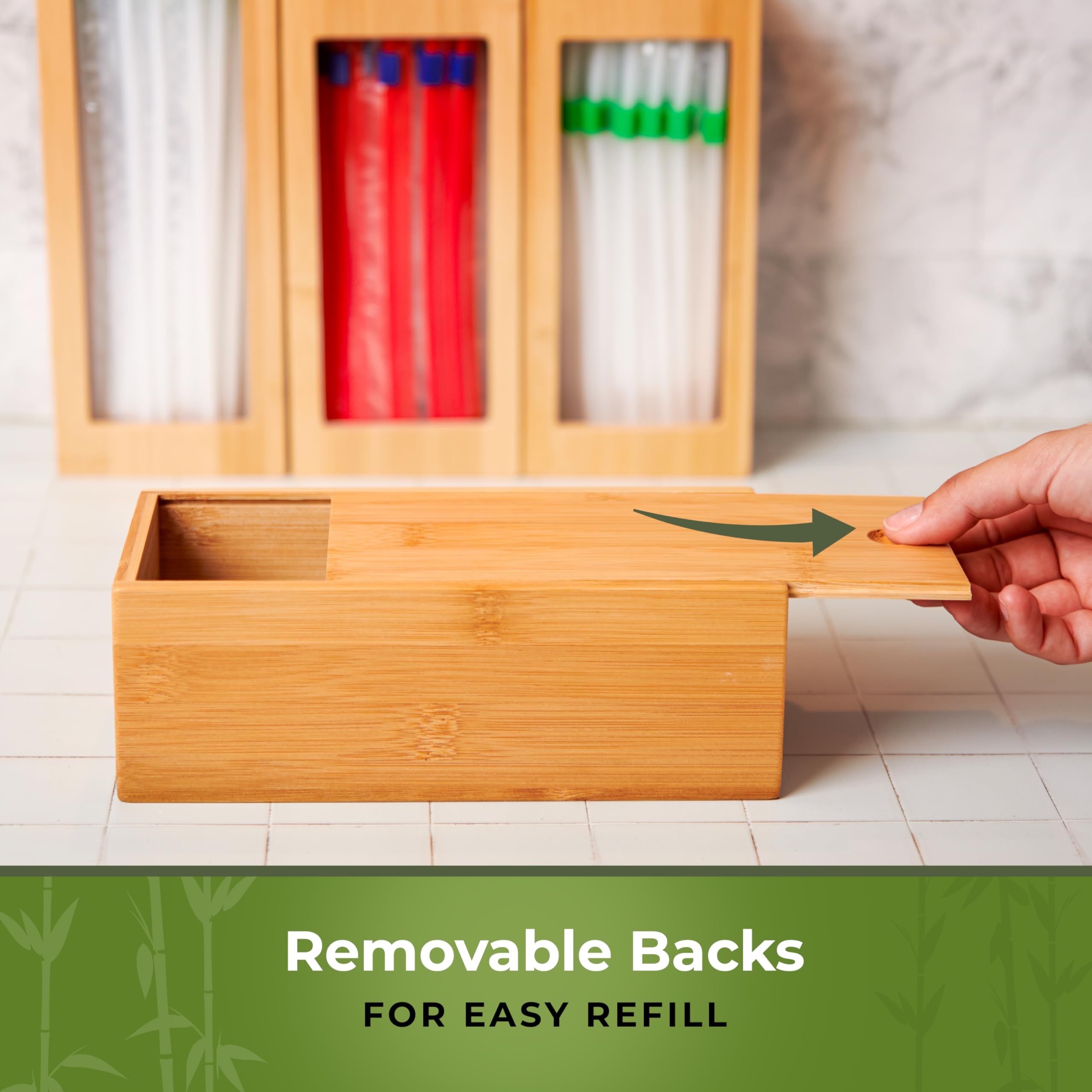 Woodenhouse bamboo baggie organizer shown in pantry-drawer use for space saving