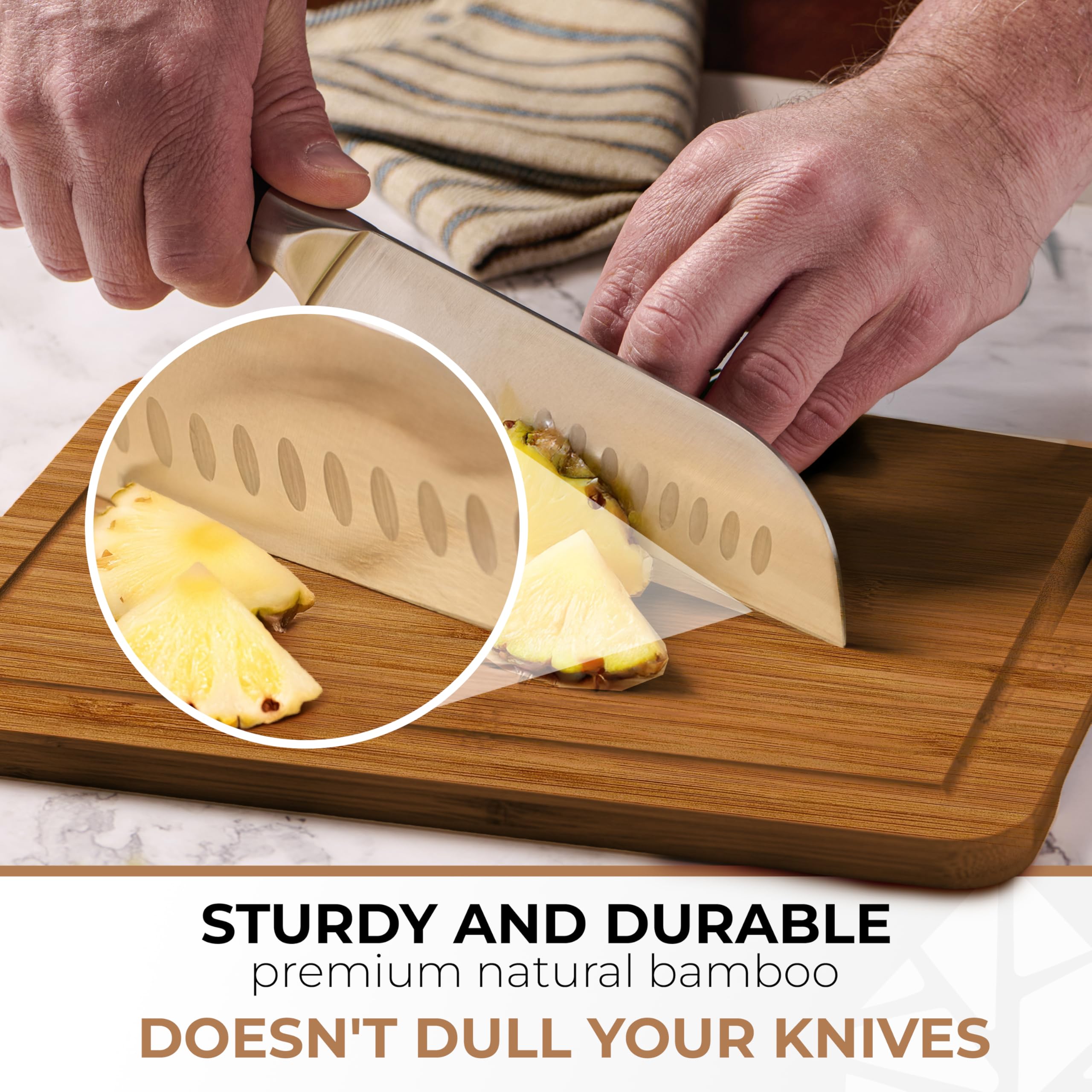 Woodenhouse bamboo board highlights deep juice grooves to catch liquids during prep