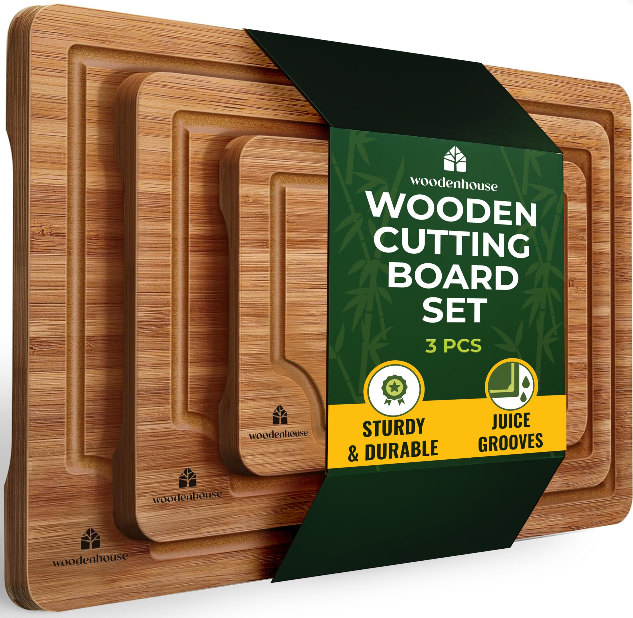 Woodenhouse bamboo cutting board set of 3 with thick surfaces for heavy-duty chopping