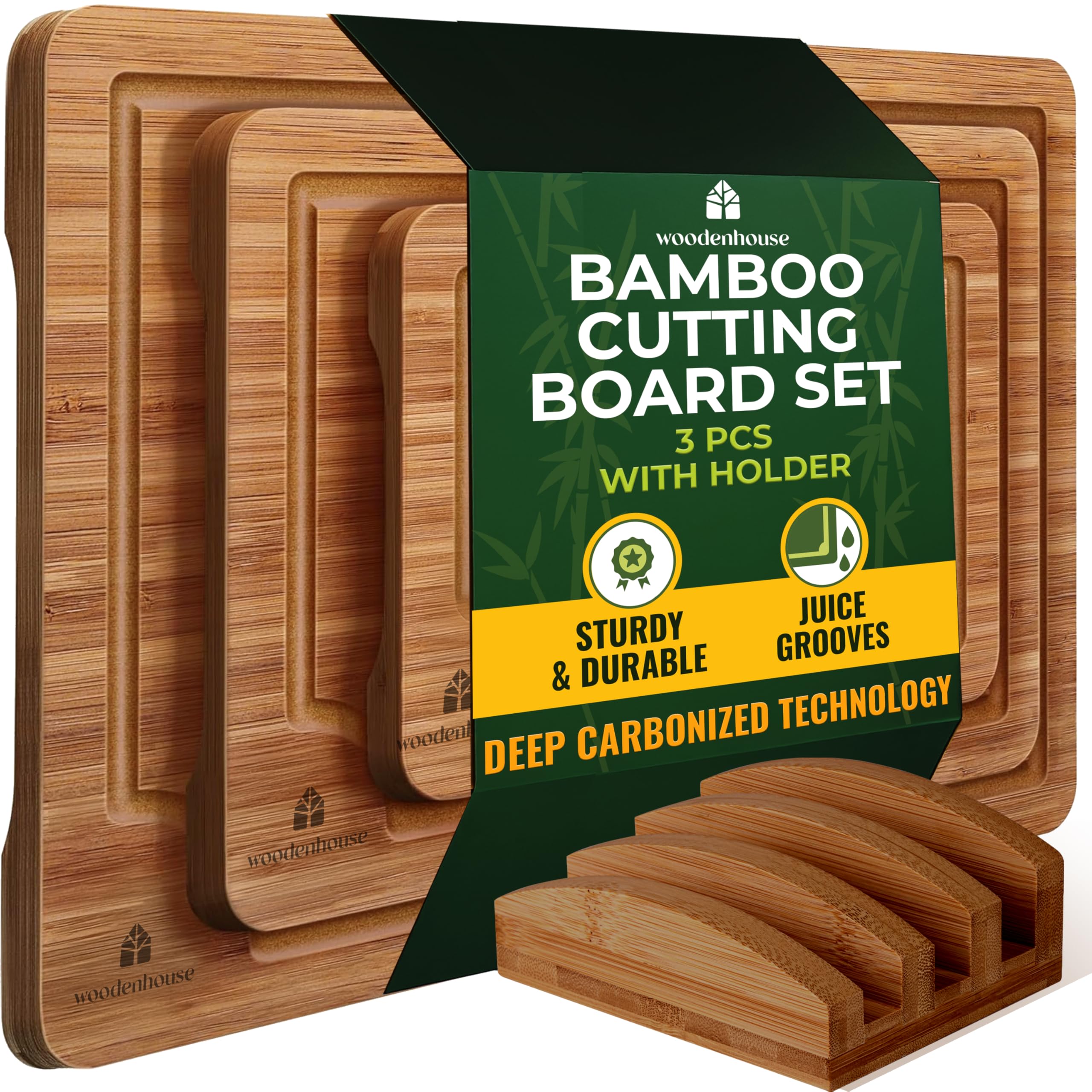 Woodenhouse bamboo cutting board set of three on a kitchen counter for versatile meal prep.