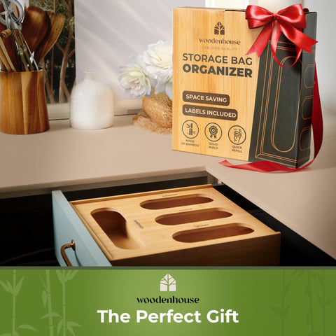 Woodenhouse Bamboo Storage Bag Organizer reduces clutter and separates bag types for quick access