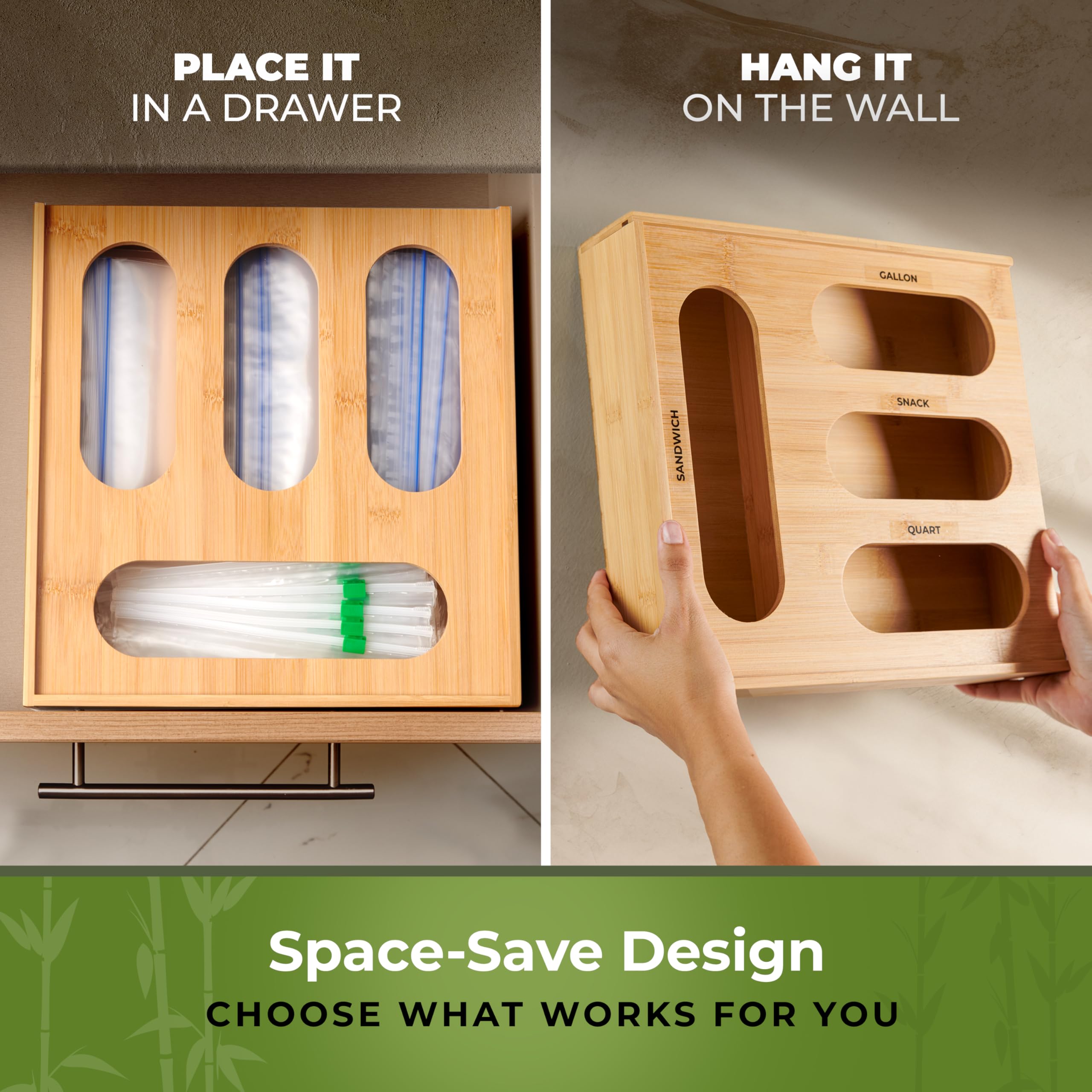 Woodenhouse Bamboo Storage Bag Organizer wall mount option for versatile kitchen storage