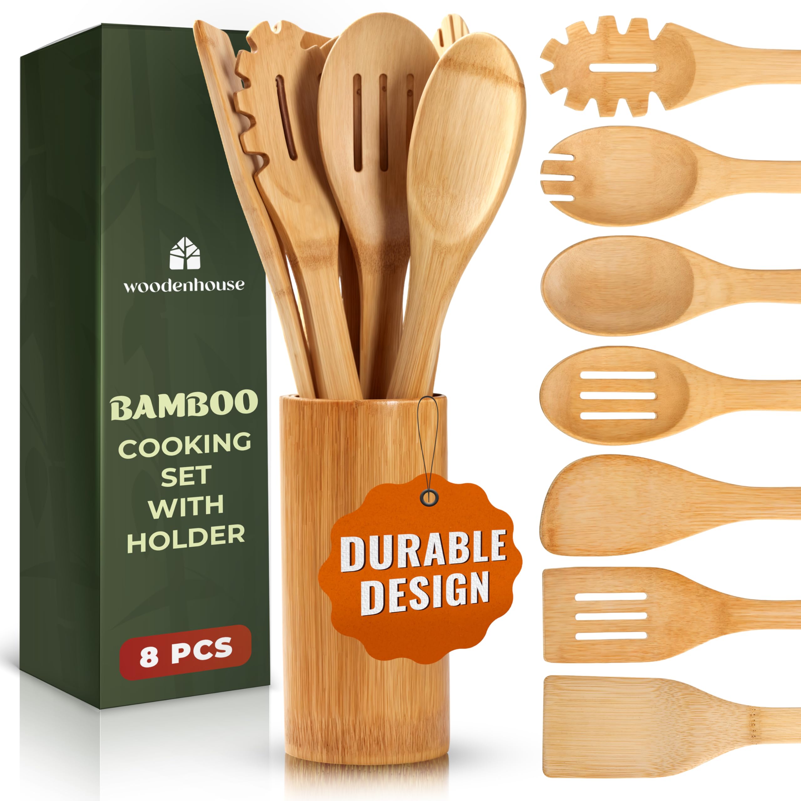 WoodenHouse Bamboo Utensils 7pc with holder for organized cooking and easy access