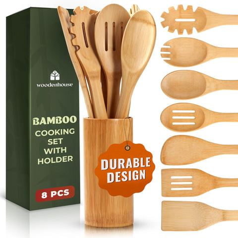 WoodenHouse Bamboo Utensils 7pc with holder for organized cooking and easy access