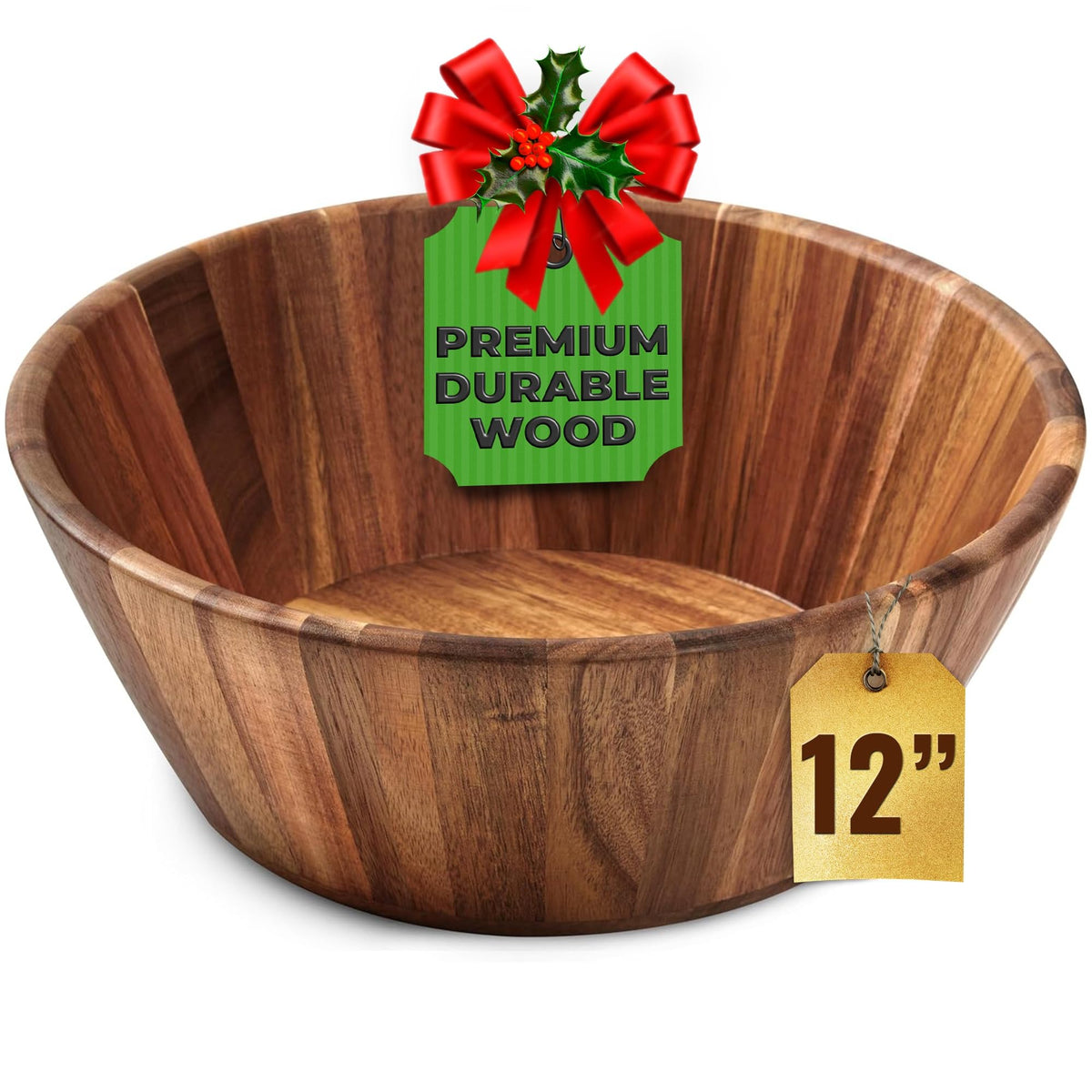 Woodenhouse 12-inch round bowl with natural grain for salads and large servings.