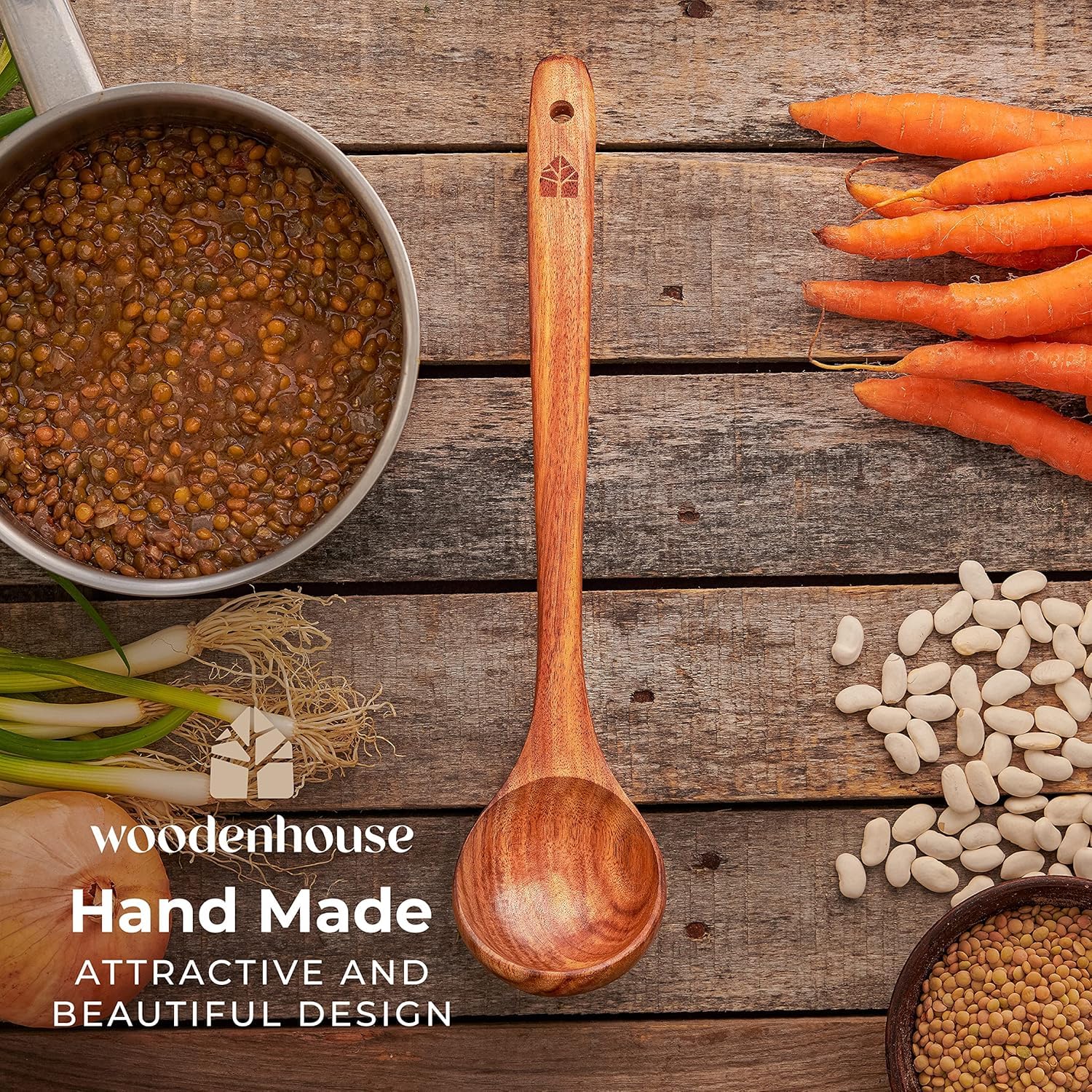 Woodenhouse teak ladle with durable finish; easy hand washing.