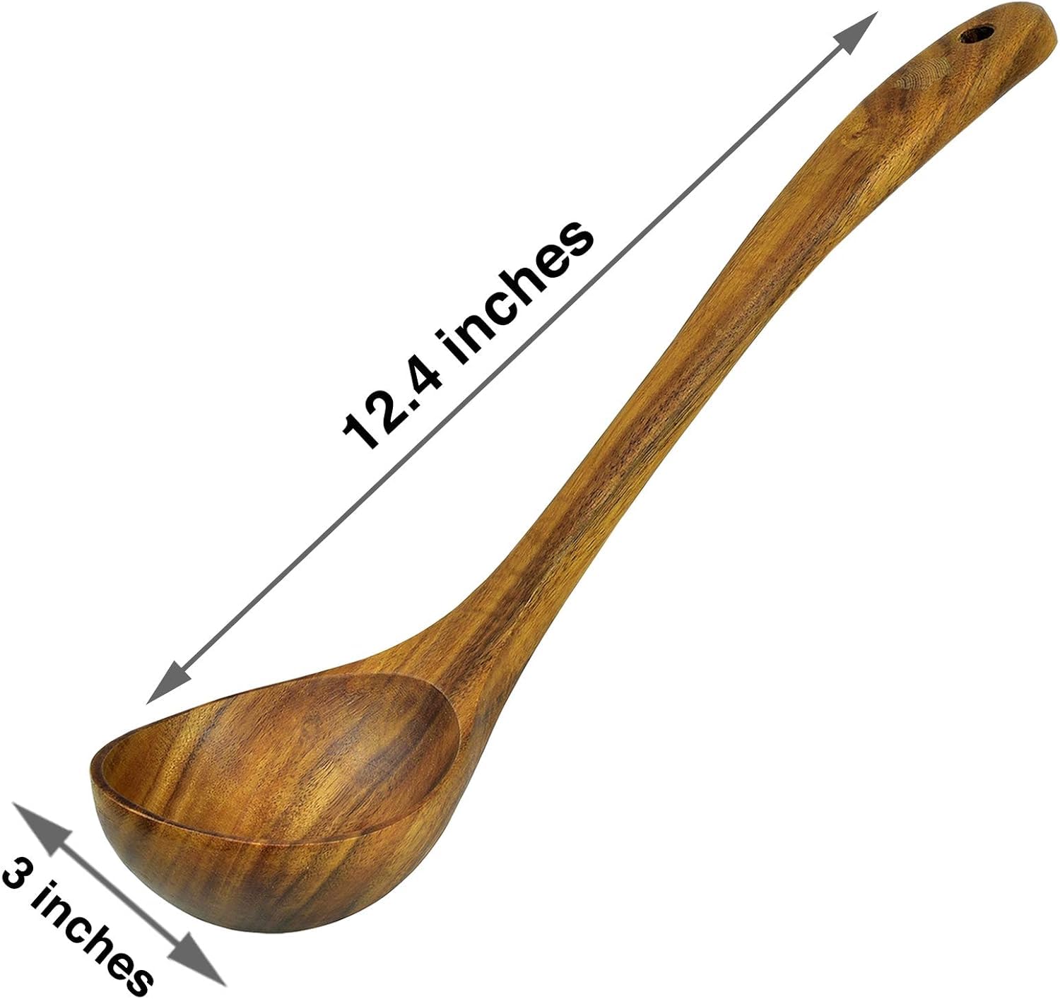 Woodenhouse teak ladle demonstrates a non-scratch surface safe on nonstick cookware.