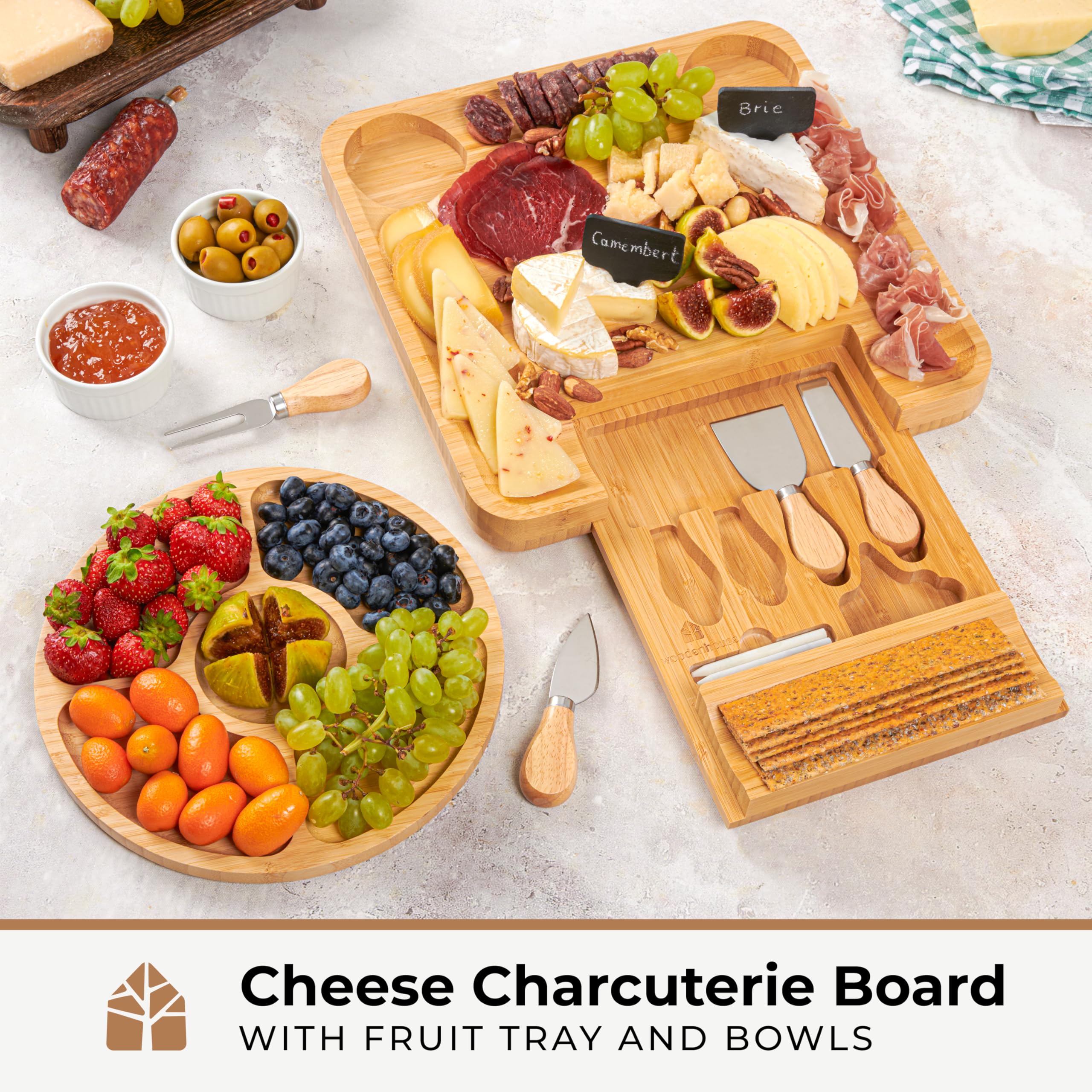 Woodenhouse meat and cheese tray with utensils for easy serving