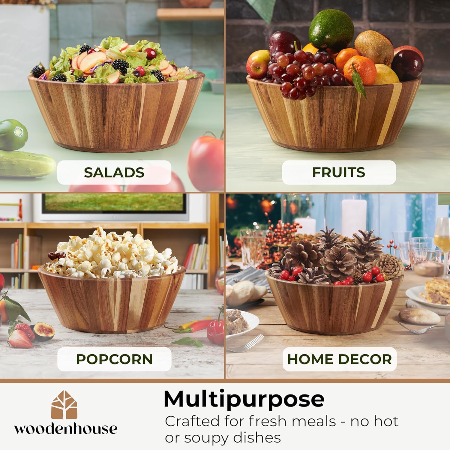 Woodenhouse serving bowl on table showcases rustic charm and practicality.