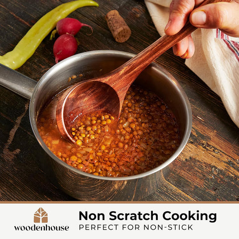 Woodenhouse teak ladle with 12.4-inch handle for reaching deep pots.