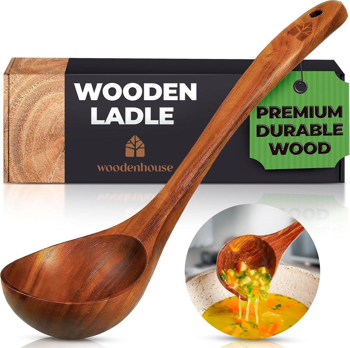 Woodenhouse teak ladle closeup showing smooth finish for comfortable stirring.