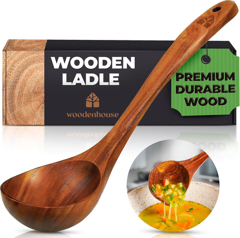 Woodenhouse teak ladle closeup showing smooth finish for comfortable stirring.