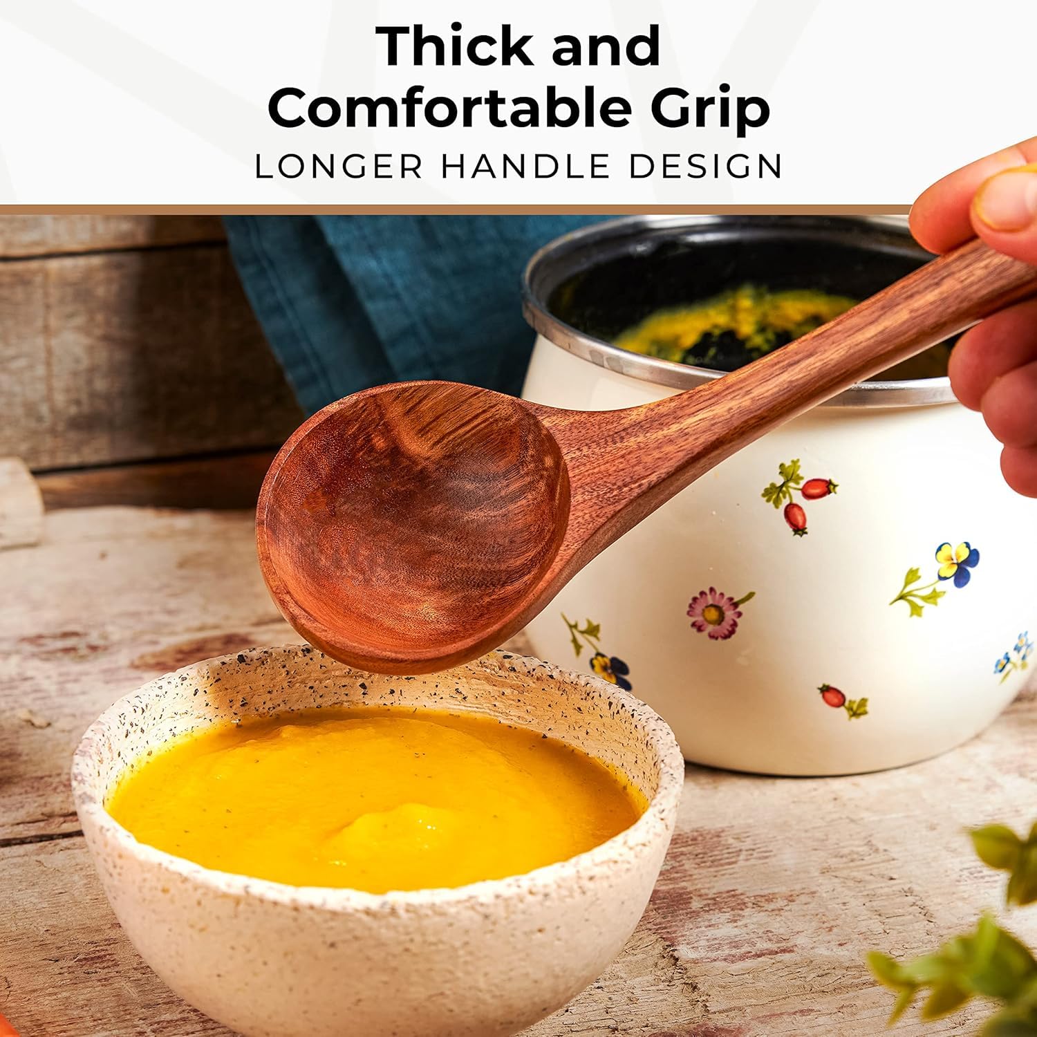 Woodenhouse teak ladle highlighting use for gravies and sauces with steady pour.