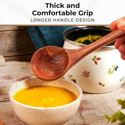 Woodenhouse teak ladle highlighting use for gravies and sauces with steady pour.