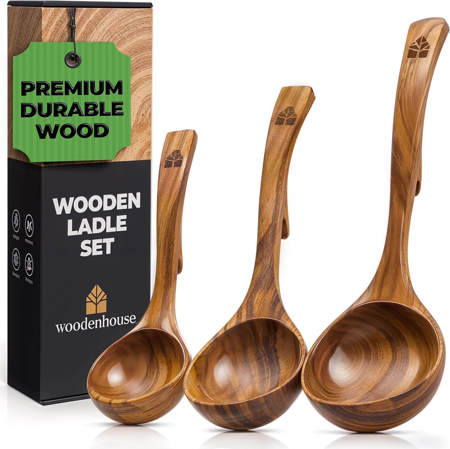 Woodenhouse teak ladle large hook for easy serving and scooping soups.