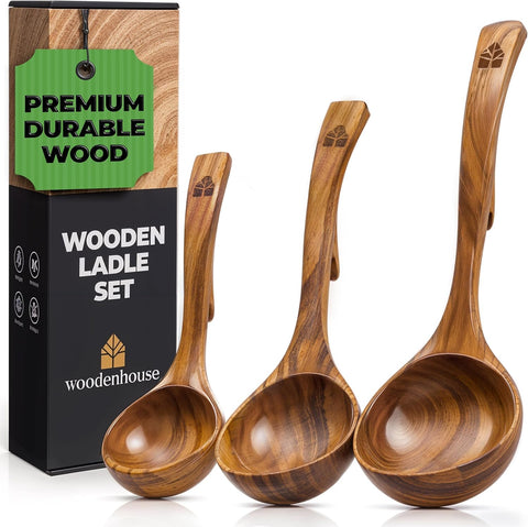 Woodenhouse teak ladle large hook for easy serving and scooping soups.