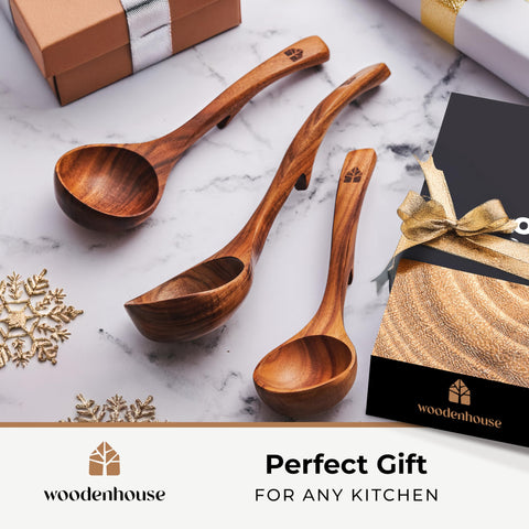 Woodenhouse teak ladle medium hook for sauces and stews at the table.