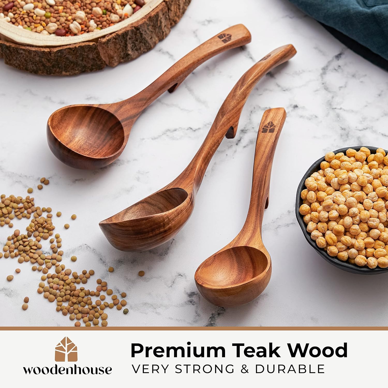Woodenhouse teak ladle surface is nonstick-friendly and easy to clean.