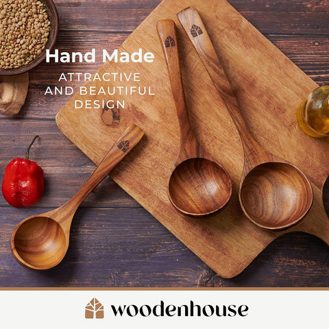 Woodenhouse teak ladle in use for stirring and serving soups.