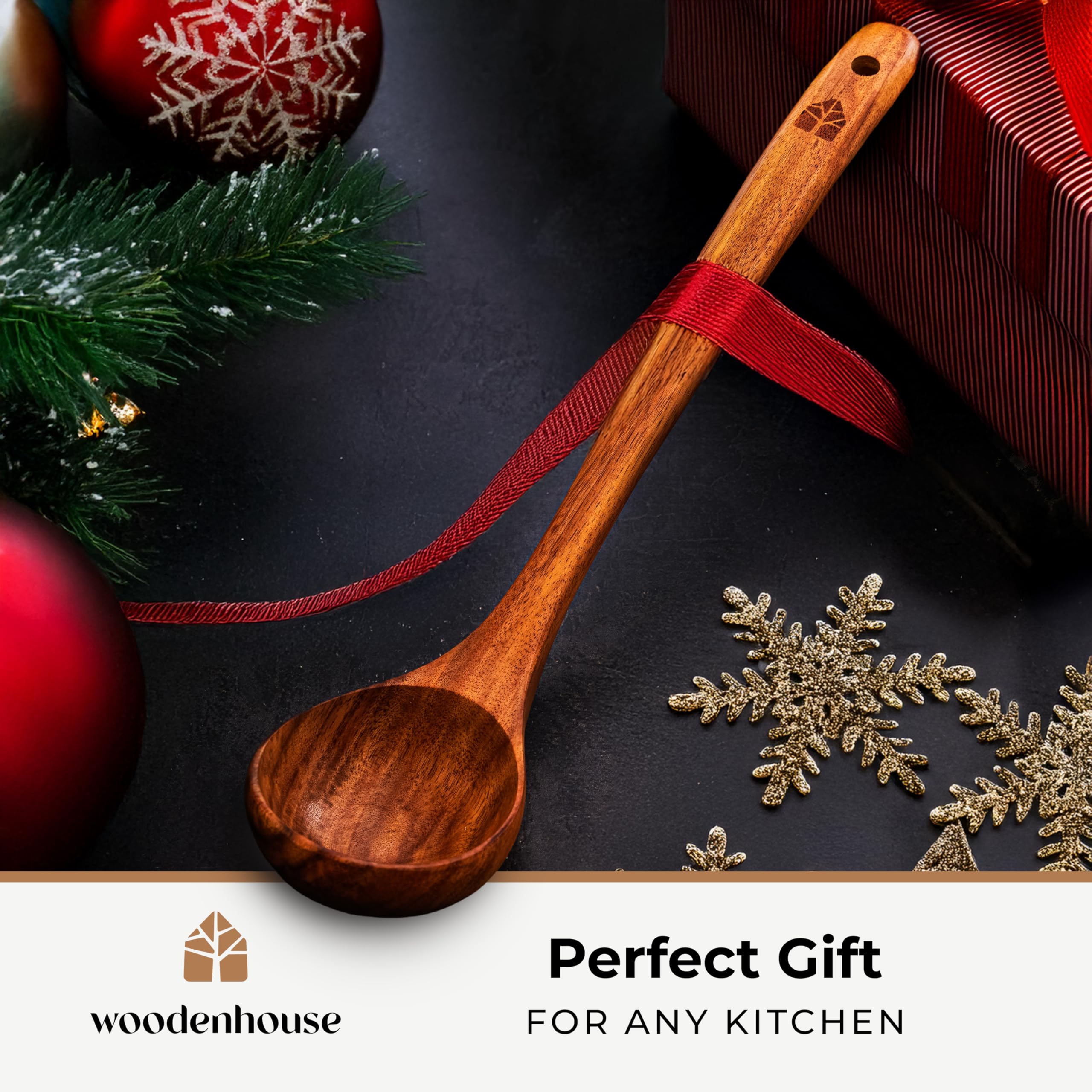 Woodenhouse teak ladle used for soups and gravies, sturdy and reliable.